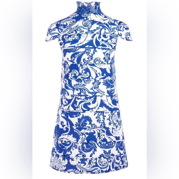 Alice & Olivia Blue & White Floral Karisse Mock Neck Mini Dress 4 - Picture 9 of 12